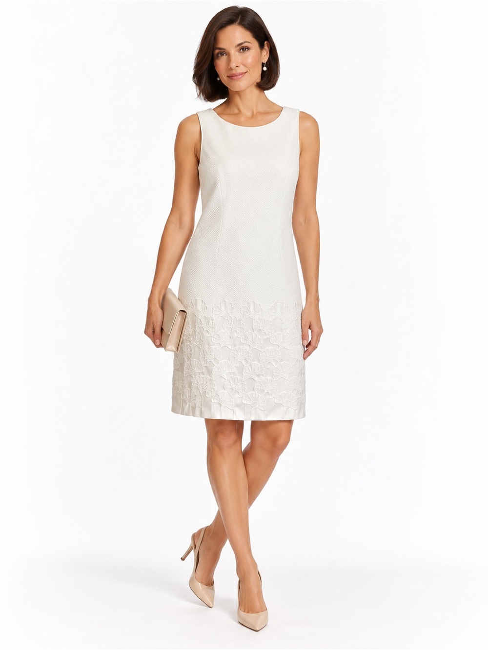 Donna Ricco White Textured Floral Embroidered Shift Dress Size 10